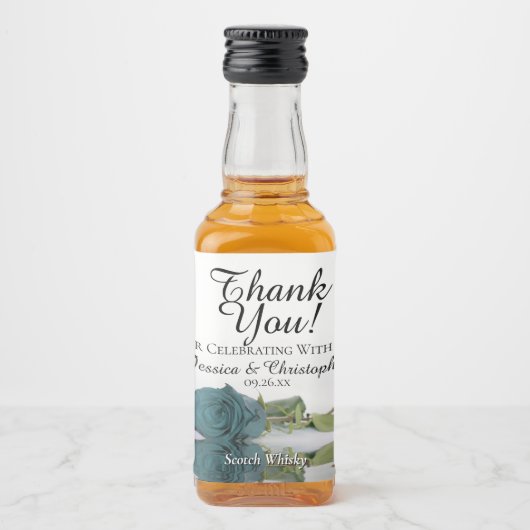 Classy Aquamarin Reflektierende Rose Hochzeit Dank Alkoholflaschenetikett (Vorderseite)