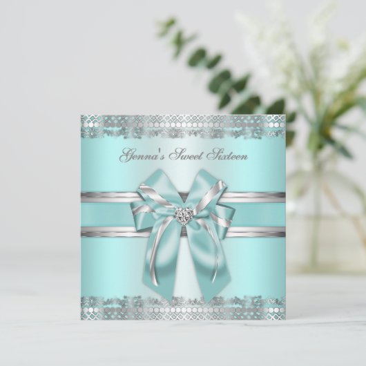 Classy Aquamarin und Silver Invite Einladung (Stehend Vorderseite)