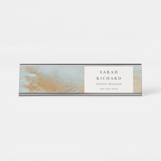 Classy Artistic Aqua Blue Gold Öl Paint Business Schreibtischnamensplakette (Vorderseite )