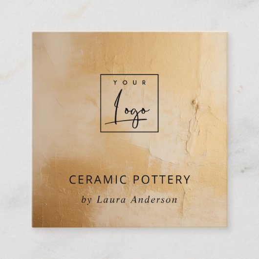 Classy Beige Gold Paint Texture Logo QR Code Quadratische Visitenkarte (Vorderseite)