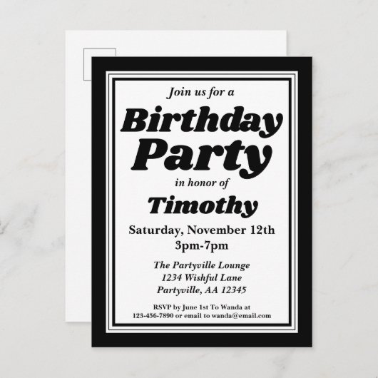 Classy Black Adult Birthday Party Einladungspostkarte (Vorne/Hinten)