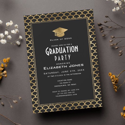 Classy Black and Gold Art Deco Graduation Party Einladung