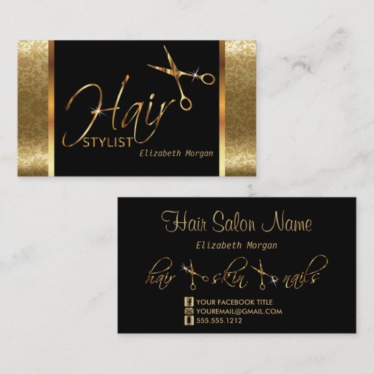 Classy Black and Gold Damask Haar Stylist Visitenkarte (Vorne/Hinten)