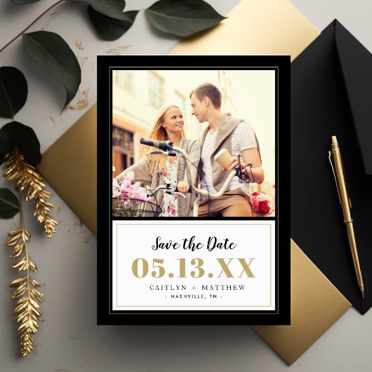 Classy Black and Gold Foto Save the Date Magnetkarte