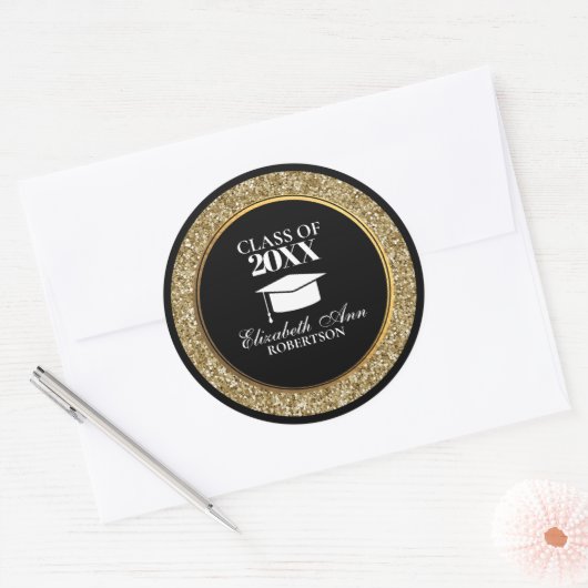 Classy Black and Gold Glittery Abschluss Runder Aufkleber (Umschlag)