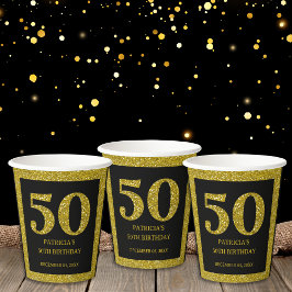 Classy Black and Gold Glitzer 50. Geburtstagsparty Pappbecher
