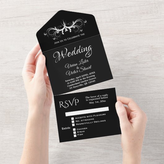 Classy Black and White Tri Fold UAwg Wedding All In One Einladung (Abreißen)