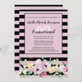 Classy Black Blush Pink gestreift florale Geburtst Einladung (Vorne/Hinten)