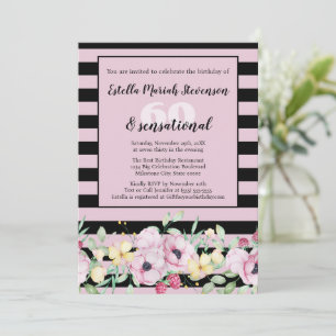 Classy Black Blush Pink gestreift florale Geburtst Einladung