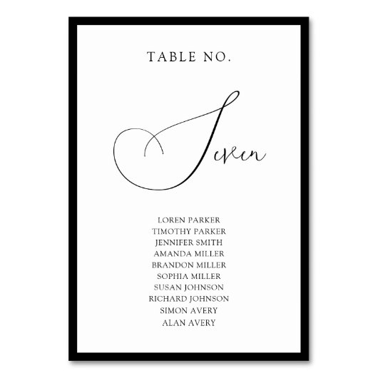 Classy Black Border Script Wedding Seating Chart Tischnummer (Vorderseite)
