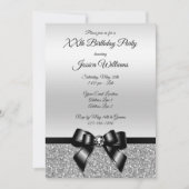 Classy Black Bow & Silver Glitzer Geburtstag Einladung (Vorderseite)