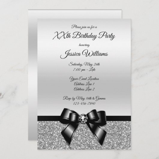 Classy Black Bow & Silver Glitzer Geburtstag Einladung (Vorne/Hinten)