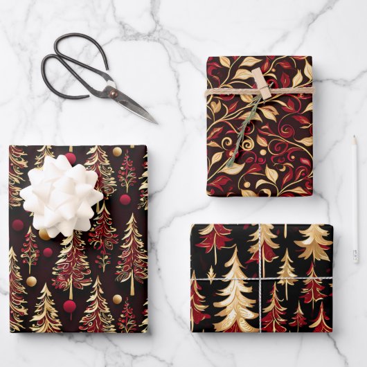 Classy Black, Burgund und Gold Weihnachtsbaum Geschenkpapier Set (Vorderseite)