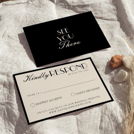 Classy Black Cream Old Money Fancy Luxury Wedding RSVP Karte