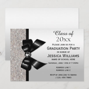 Classy Black Gem Bow, Silver Sequins Abschluss Einladung