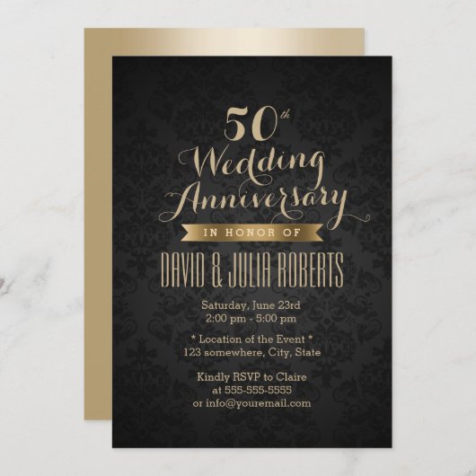 Classy Black & Gold 50. Hochzeitstag Einladung (Vorne/Hinten)