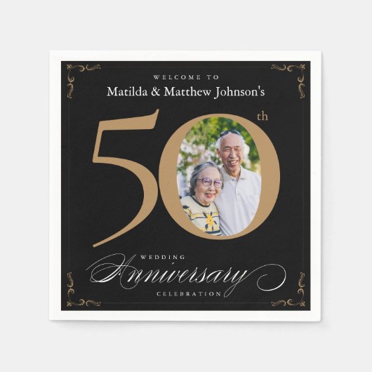 Classy Black Gold Calligraphy Nickerchen zum 50. J Serviette (Vorderseite)