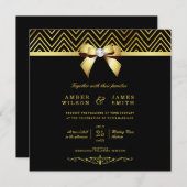 Classy Black Gold Chevrons Diamond Bow Wedding Einladung (Vorne/Hinten)