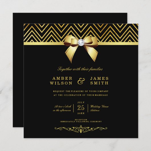 Classy Black Gold Chevrons Diamond Bow Wedding Einladung (Vorne/Hinten)