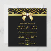 Classy Black Gold Chevrons Diamond Bow Wedding Einladung (Vorderseite)