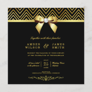 Classy Black Gold Chevrons Diamond Bow Wedding Einladung
