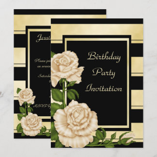 Classy Black & Gold gestreift floral Geburtstag Einladung