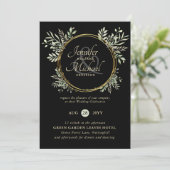 Classy Black Gold Greenery Wreath Wedding Einladun (Stehend Vorderseite)