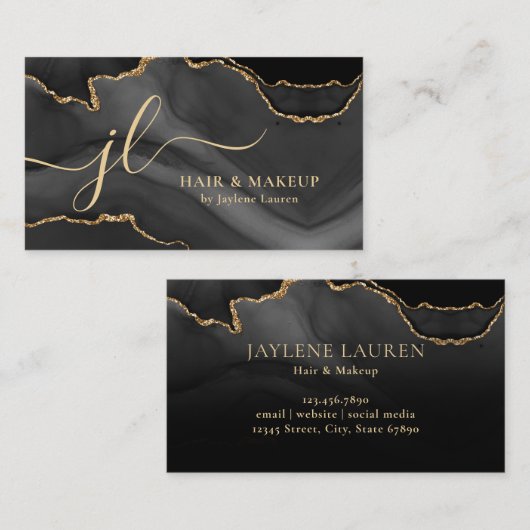 Classy Black Gold Marmor Agate Monogram Script Visitenkarte (Vorne/Hinten)