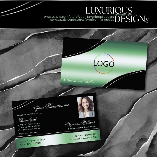 Classy Black Green Curved Deco Lines Logo Foto Visitenkarte