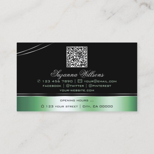 Classy Black Green Curved Deco Lines Logo QR Code Visitenkarte (Rückseite)