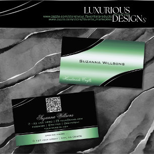 Classy Black Green Curved Deco Lines und QR Code Visitenkarte