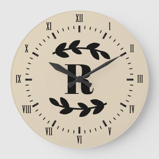 Classy Black Laurels Monogram Große Wanduhr (Vorderseite)