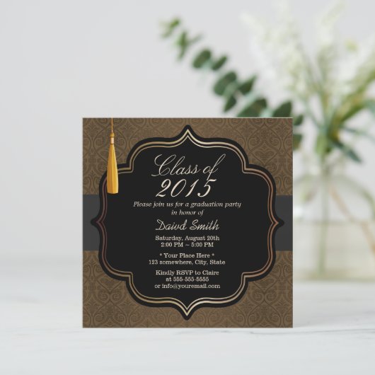 Classy Black Ribbon Brown Damask Graduation Party Einladung (Stehend Vorderseite)