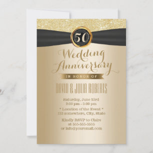 Classy Black Ribbon Gold 50. Hochzeitstag Einladung