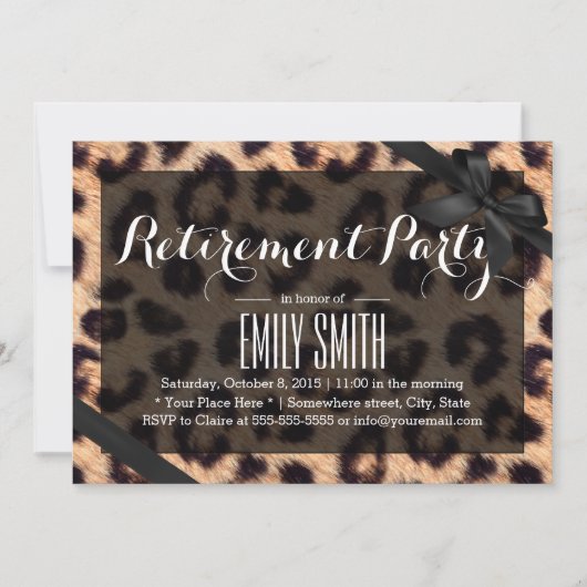 Classy Black Ribbon Leopard Print Retirement Party Einladung (Vorderseite)