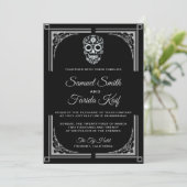 Classy Black Silver Sugar Skull Einladung Hochzeit (Stehend Vorderseite)