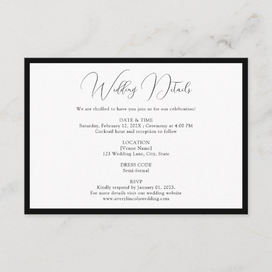 Classy Black & White Script Border Wedding Details Begleitkarte (Vorderseite)