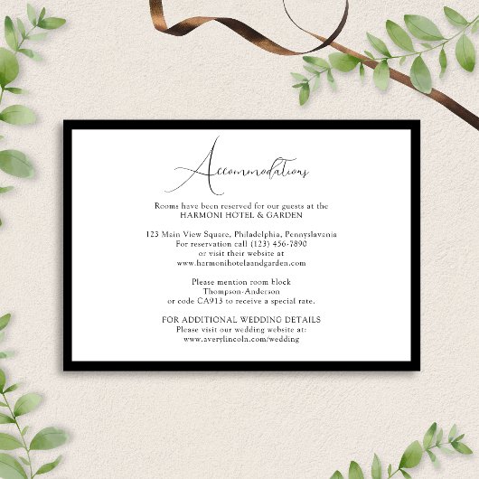 Classy Black & White Script Wedding Accommodations Begleitkarte