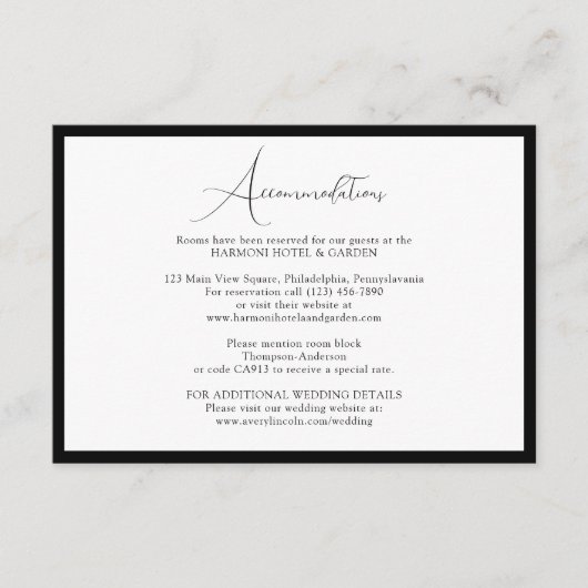 Classy Black & White Script Wedding Accommodations Begleitkarte (Vorderseite)