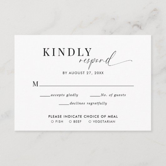 Classy Black White Script Wedding Meal Entree Rsvp Begleitkarte (Vorderseite)
