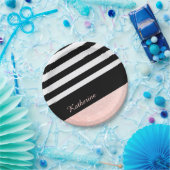 Classy Black & White Strip Rose Gold Glitzer Pappteller (Party)