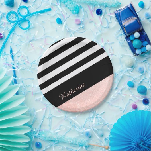 Classy Black & White Strip Rose Gold Glitzer Pappteller (Party)