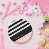 Classy Black & White Strip Rose Gold Glitzer Pappteller (Party)