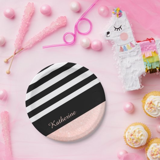 Classy Black & White Strip Rose Gold Glitzer Pappteller (Party)