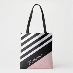Classy Black & White Strip Rose Gold Glitzer Tasche