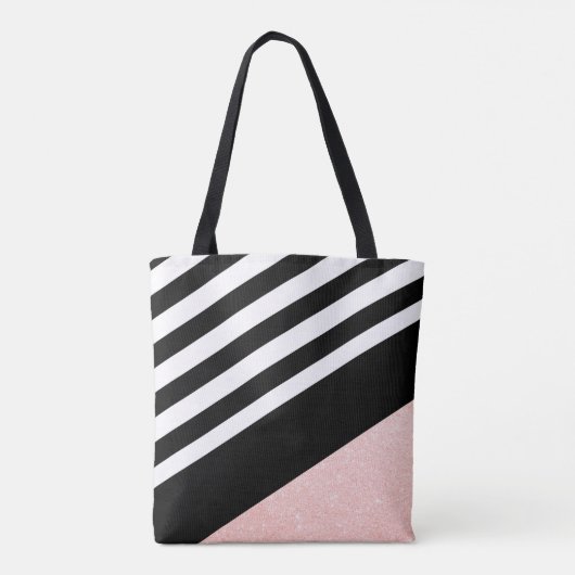 Classy Black & White Strip Rose Gold Glitzer Tasche (Rückseite)