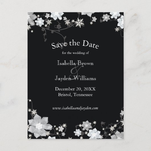 Classy Black + White Winter Wedding Save the Date Ankündigungspostkarte (Vorderseite)