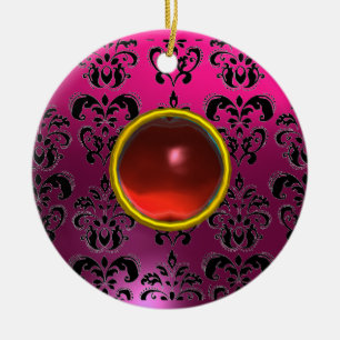 CLASSY BLACK YELLOW DAMASK GEM STONE KERAMIK ORNAMENT