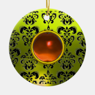 CLASSY BLACK YELLOW DAMASK GEM STONE KERAMIK ORNAMENT