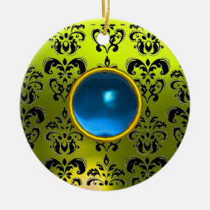 CLASSY BLACK YELLOW DAMASK GEM STONE KERAMIKORNAMENT